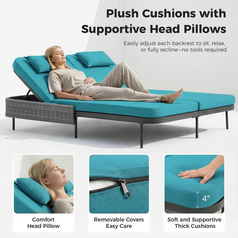 2-Person Outdoor Double Chaise Lounge, Wicker Patio Reclining Daybed with 6-Position Backrests, 4" Cushions, 800 lb Capacity