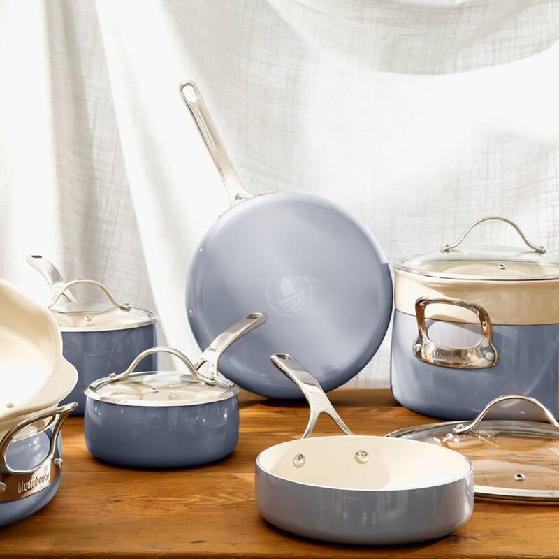 Bloomhouse 12 Piece Aluminum Enamel Cookware Set w/ Non-stick Non-toxic Ceramic Interior and Ceramic Steamer Insert