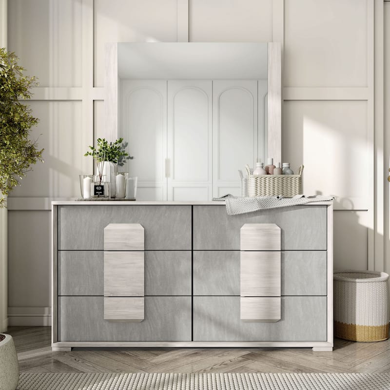 Furniture of America Jonnick Contemporary Washed White and Stone Grey Melamine Top 2-Piece 6-Drawer Dresser and Mirror Set - Washed White