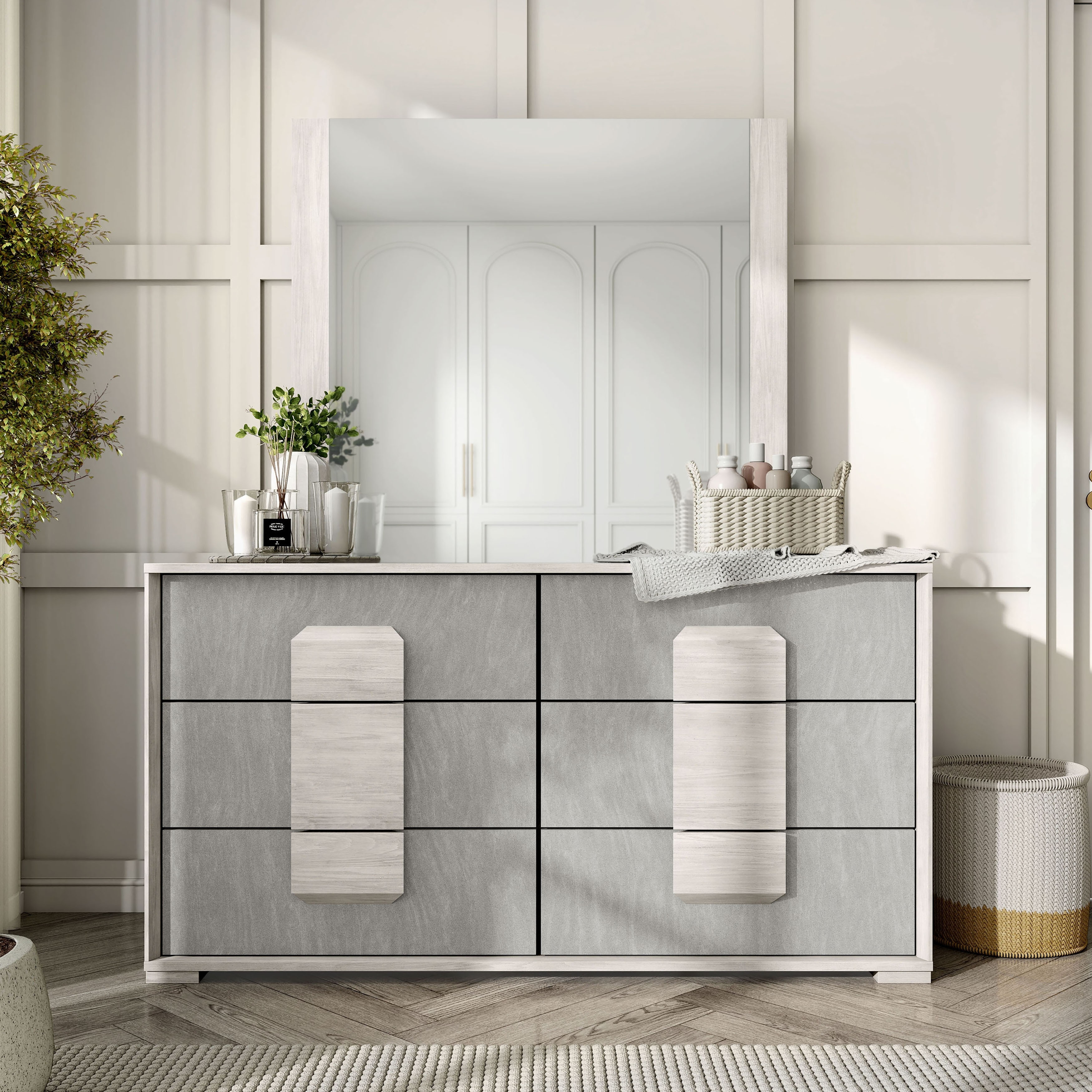 Furniture of America Jonnick Contemporary Washed White and Stone Grey Melamine Top 2-Piece 6-Drawer Dresser and Mirror Set