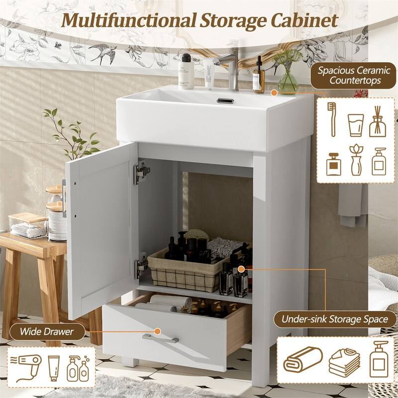 20'' Bathroom Vanity with Ceramic Sink Top, Freestanding Bathroom Vanity Cabinet with 1 Soft Close Door and 1 Storage Drawer