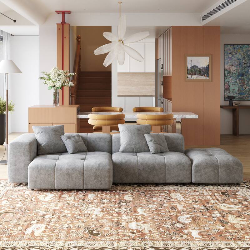 119 Inch Cloud Couch Modular Sectional Sofa with Ottoman,Linen Deep Seat with Pillows Couches for Living Room - Grey