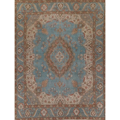 Distressed Over-Dyed Tabriz Persian Rug Antique Blue Wool Carpet - 9'5"x 11'10"