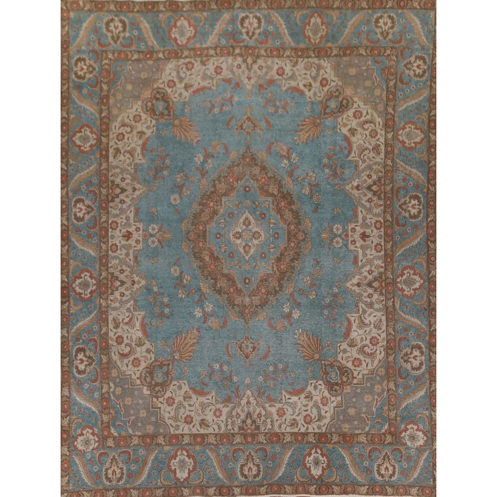 Distressed Over-Dyed Tabriz Persian Rug Antique Blue Wool Carpet - 9'5"x 11'10"