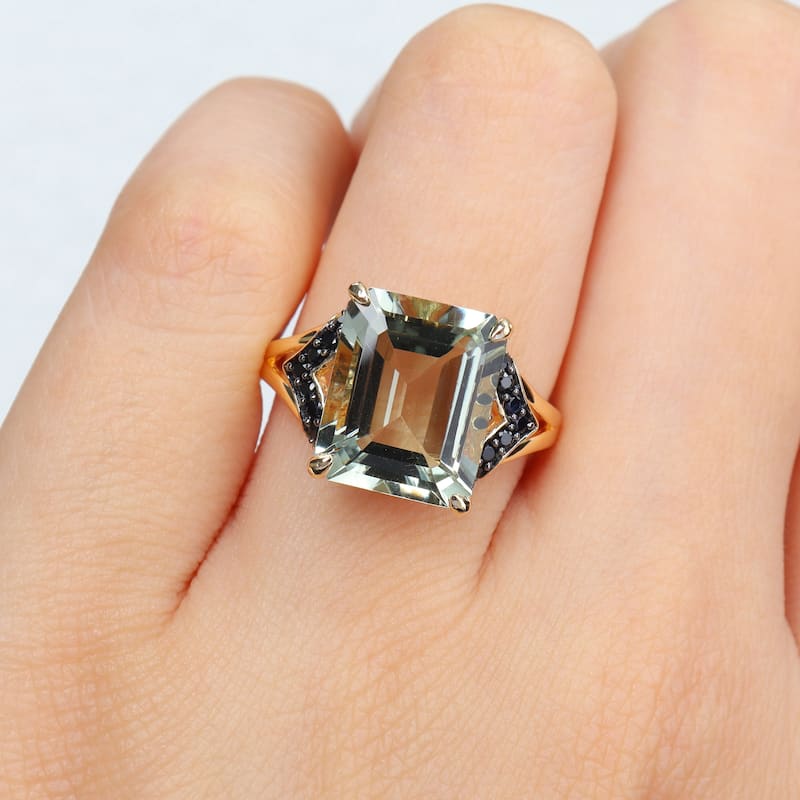 Miadora 5 4/5ct TGW Green Quartz and Black Sapphire Cocktail Ring in Yellow Plated Sterling Silver