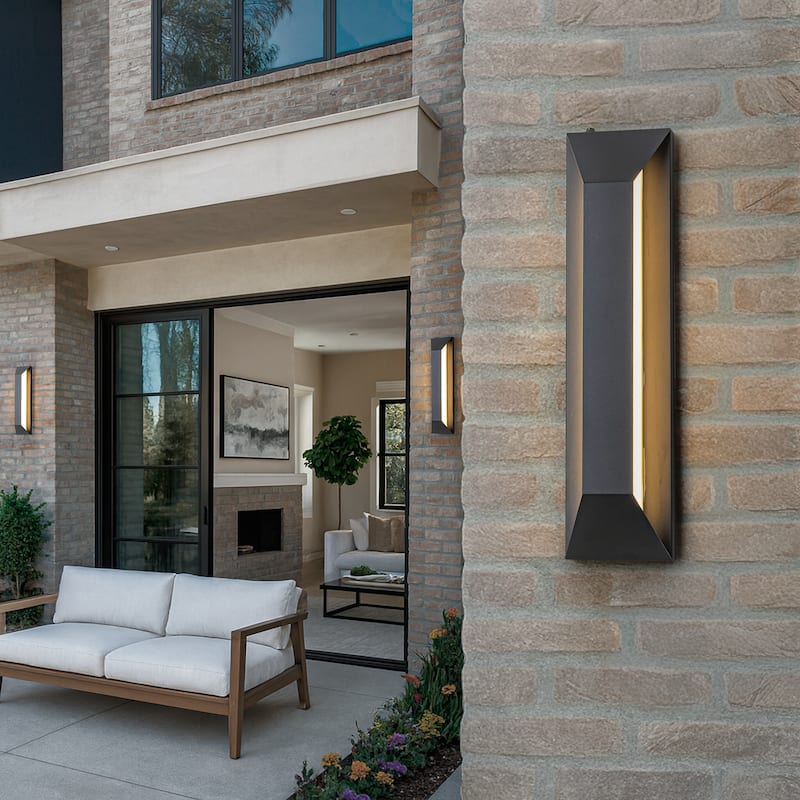 H22" Large Dusk to Dawn Modern Integrated LED Exterior Wall Sconce with Black Trapezoid Design and Acrylic Shade for Garage