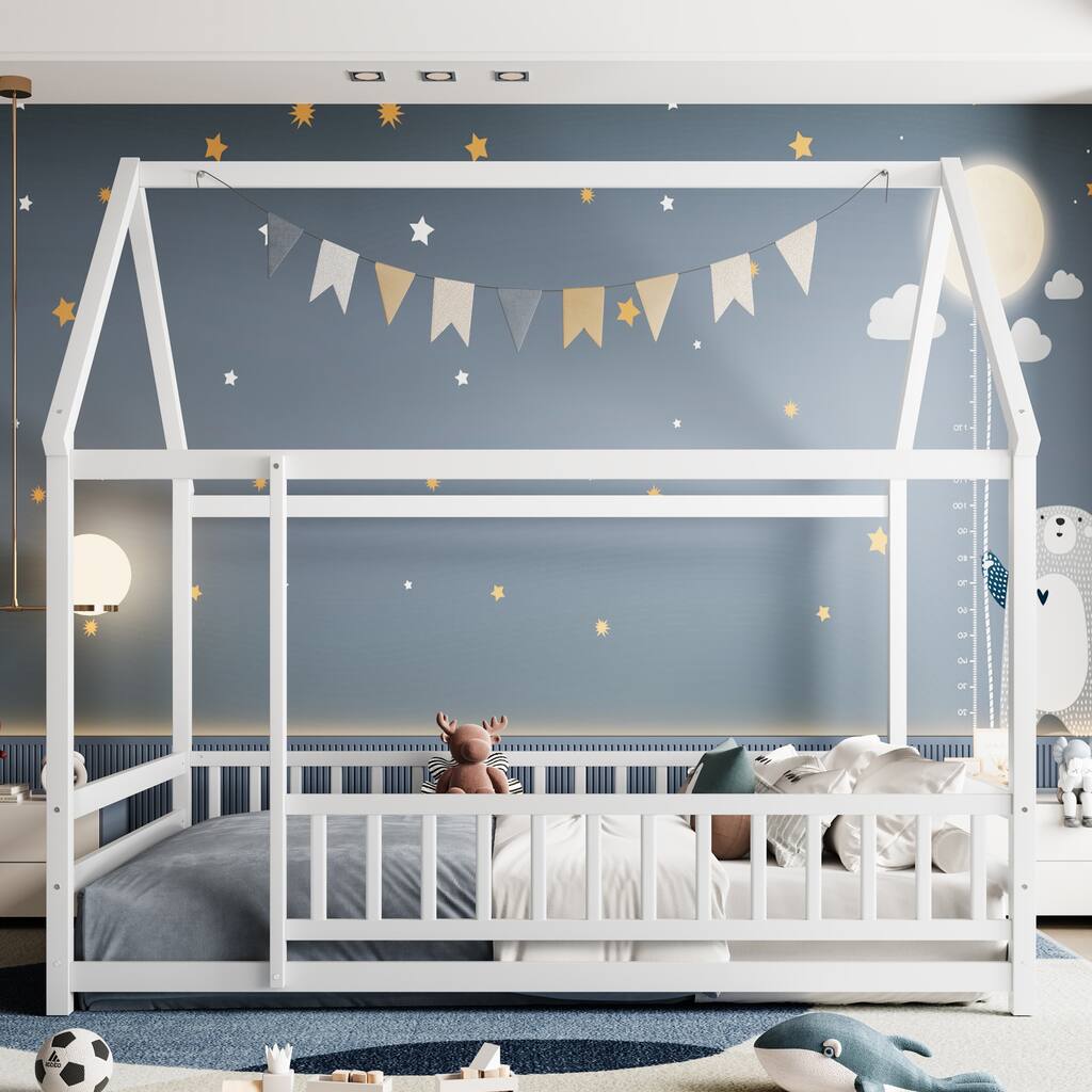 Full Size Floor Wooden Bed with House Roof Frame, Fence Guardrails,White