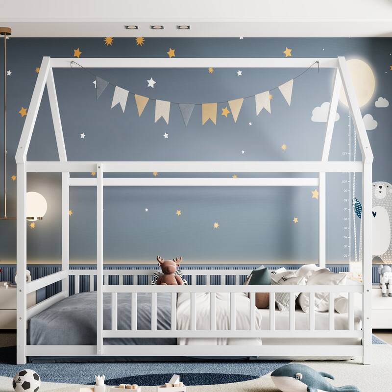 Full Size Floor Wooden Bed with House Roof Frame, Fence Guardrails,White - White