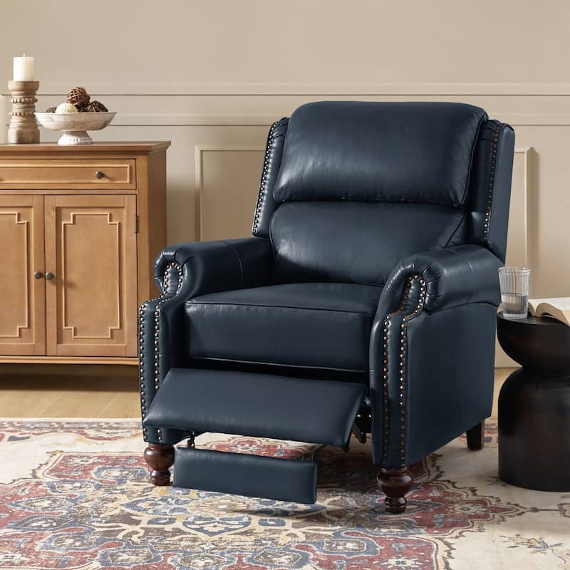 Gabriela Mid-Century Modern Genuine Leather Recliner with Tapered Block Feet by HULALA HOME - NAVY