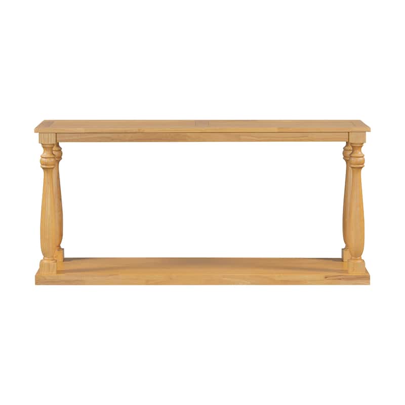 Vintage Wood Grain Console Table with Bottom Shelf, 63" Extra Long Entryway Table Solid Wood Sofa Table with Sculptural Vase Leg - Natural