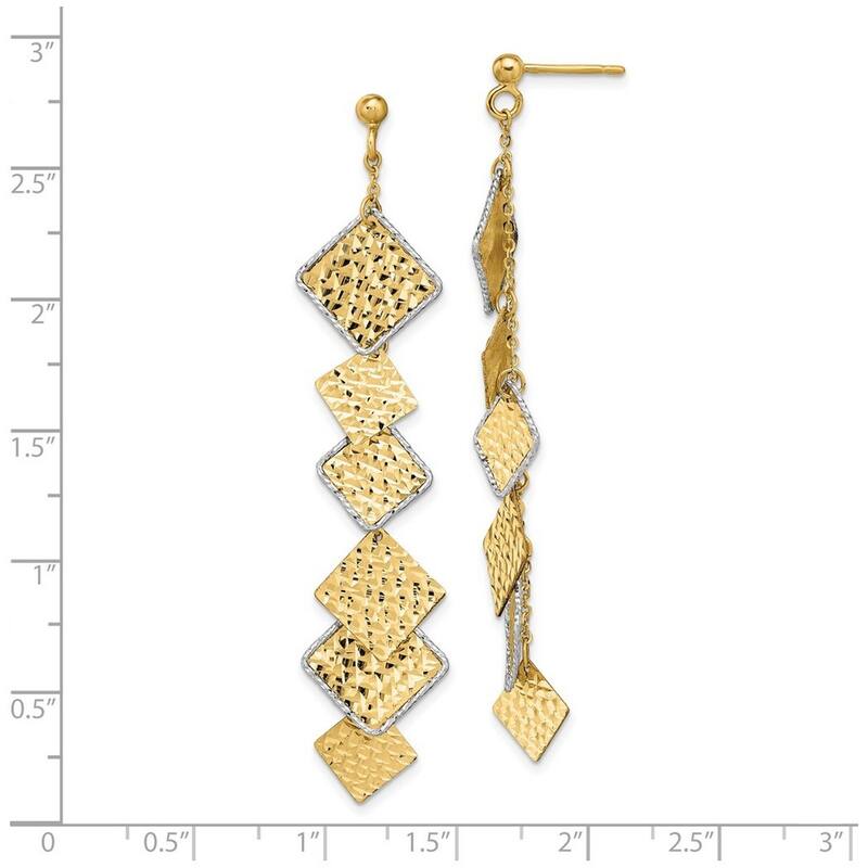 Curata 14k Two tone Gold Polished and Brushed Sparkle Cut Post Dangle Earrings - 67mm long