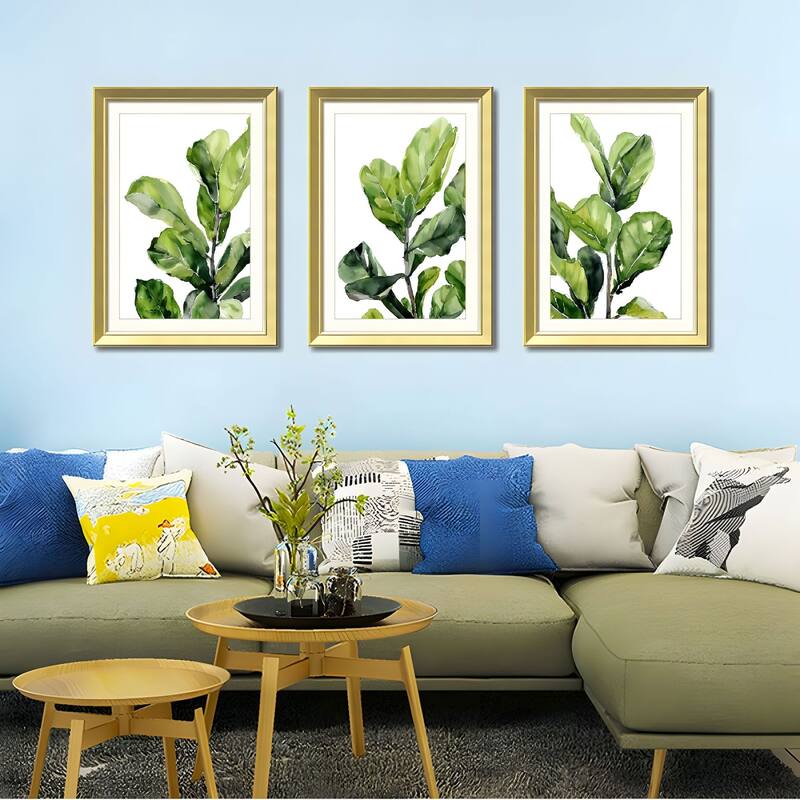 Set of 3 Green Leaf Botanical Framed Wall Art - Replaceable Canvas Prints with Solid Wood Picture Frames, Modern Plant