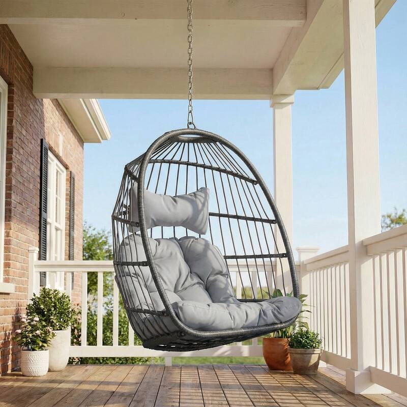 Outdoor Indoor Wicker Foldable Hanging Egg Chair Without Stand, Patio Swing Chair with Cushion, 350 lb Capacity - Light Grey