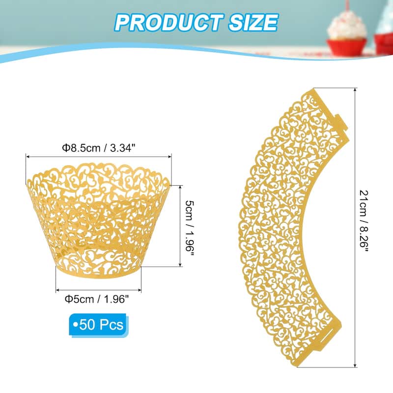 Cupcake Wrappers Paper, 50 Pack Baking Cups Standard Vine Decor - Gold