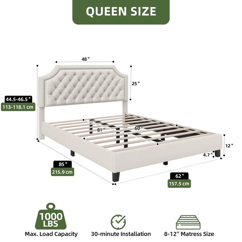 Moasis Upholstered Tufted Bed Frame with Adjustable Height Headboard