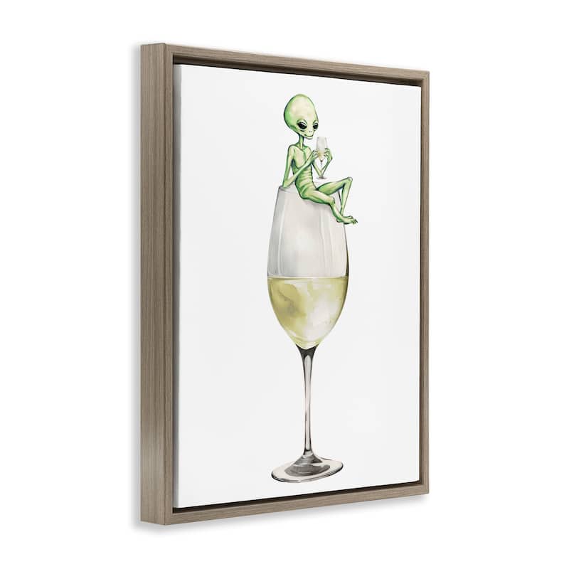 Stupell Alien Perched on Champagne Glass Framed Floater Canvas Wall Art Design By Lil' Rue