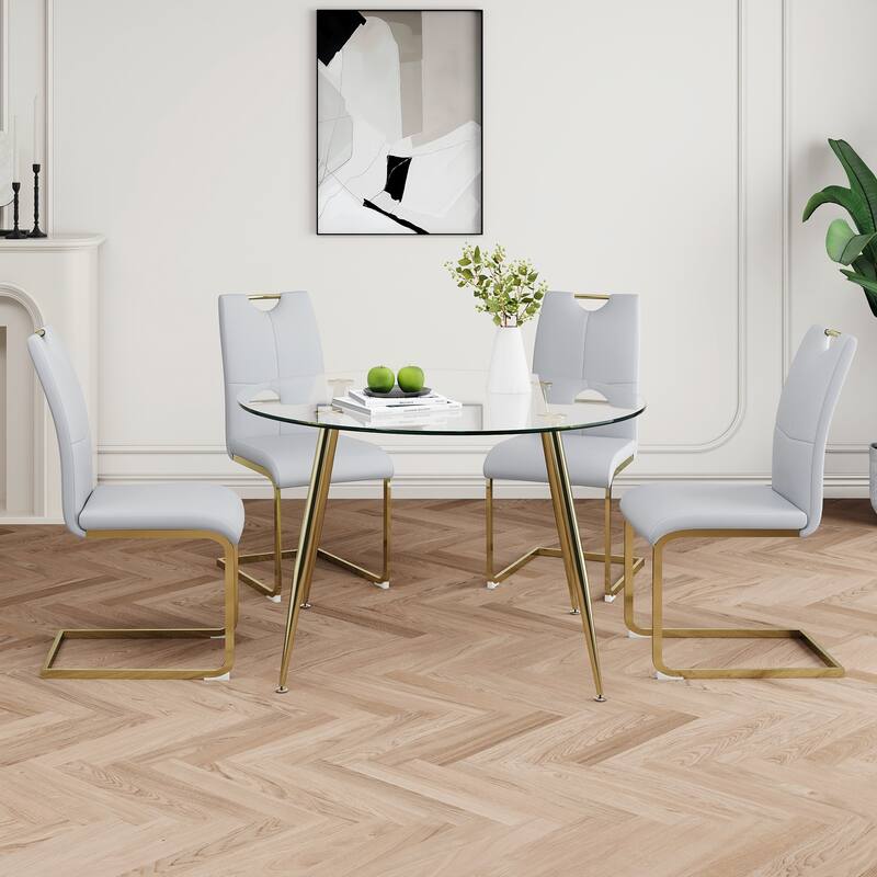 47.2" Luxury Glass Dining Table Set for 4, Circle Kitchen Table with 4 PU Chairs, 5-Piece Modern Dining Table and Chair Set