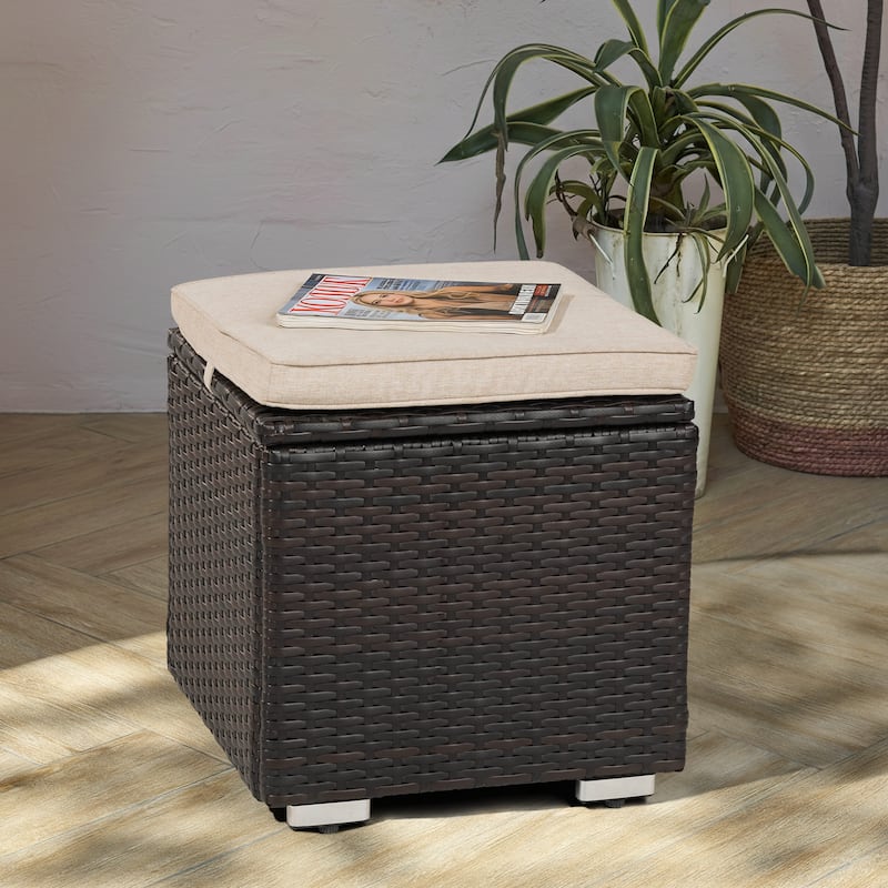 Patio 2-Piece Wicker Ottoman with Hidden Storage and Detachable Cushion - Black