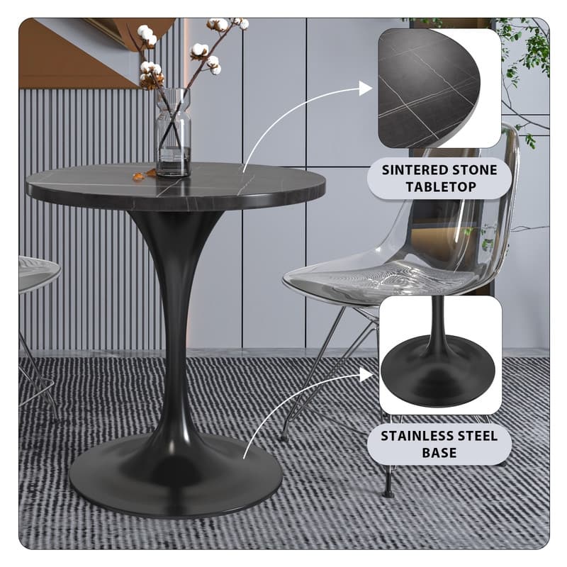 LeisureMod Verve 27" Round Dining Table with Sintered Stone TableTop and Black Steel Base for Kitchen & Dining Room - 27.56