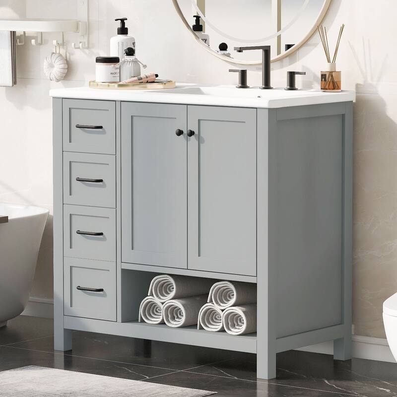 36" Freestanding Bathroom Vanity with Ceramic Sink, 2 Doors and 2 Drawers, Modern Grey Finish,8" Faucet Mount