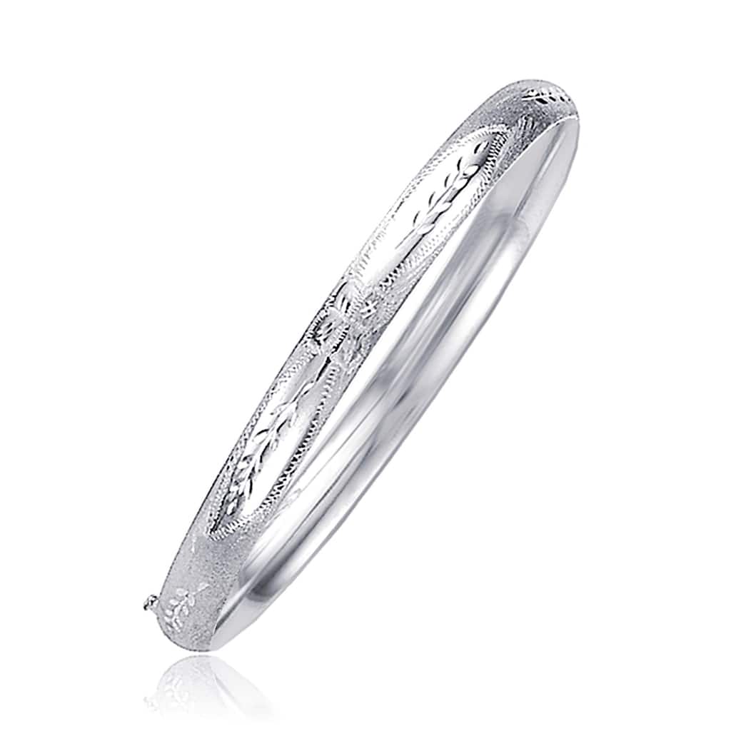 MayaMila 14k White Gold Classic Floral Carved Bangle