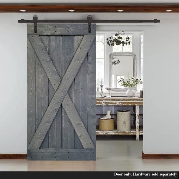 38 In X 84 In Gray Stained X Style Solid Knotty Pine Wood Barn Door Overstock