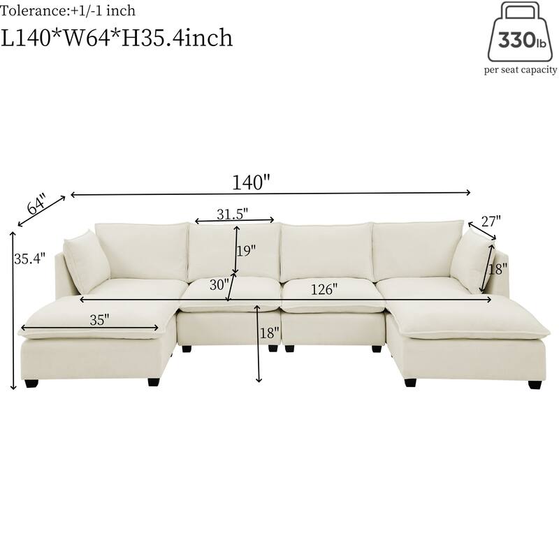 Symmetrical U-shaped Chaise Sectional Sofa with 4 Deep Seat Couch and 2 Ottomans, Double Layer Seat Cushions Chenille Sofa