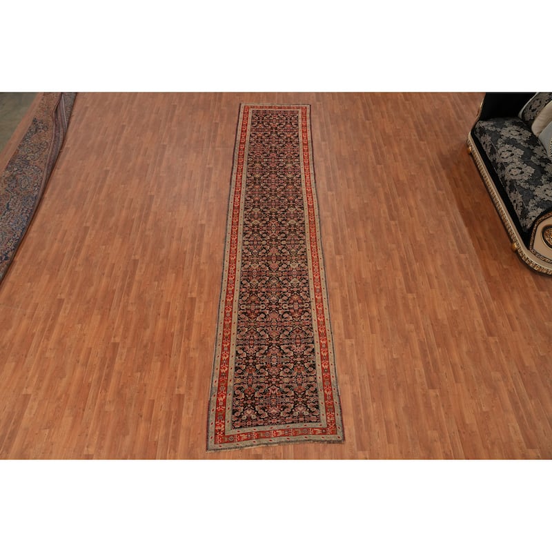 Hand Knotted Oriental 100% Wool Carpet Traditional Geometric Black Karabagh Runner Rug - 15' 11'' X 3' 6''
