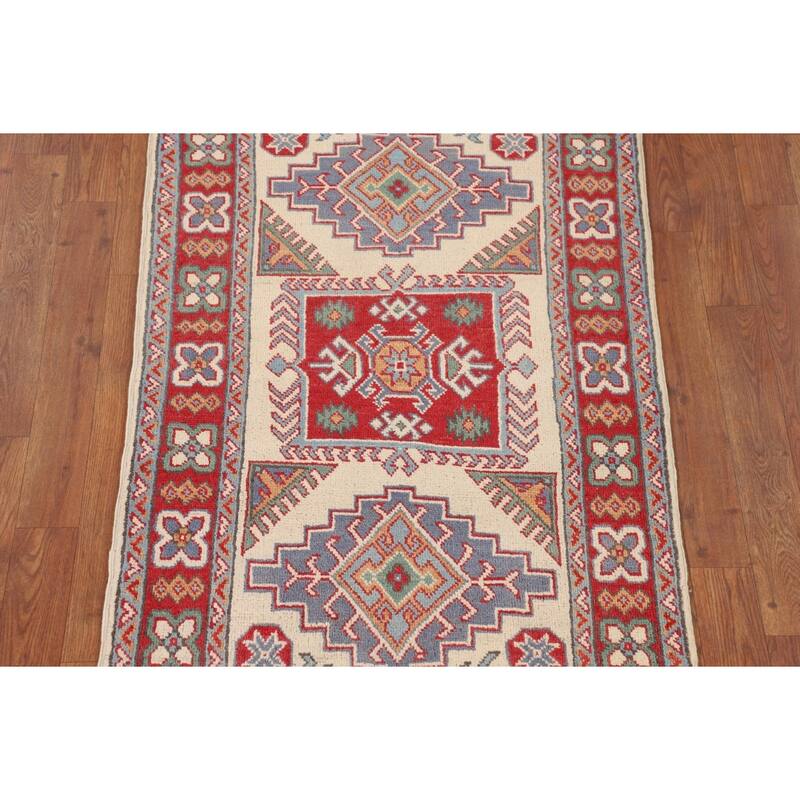 Ivory Geometric Kazak Accent Rug Hand-Knotted Wool Carpet - 2'7" x 4'3"