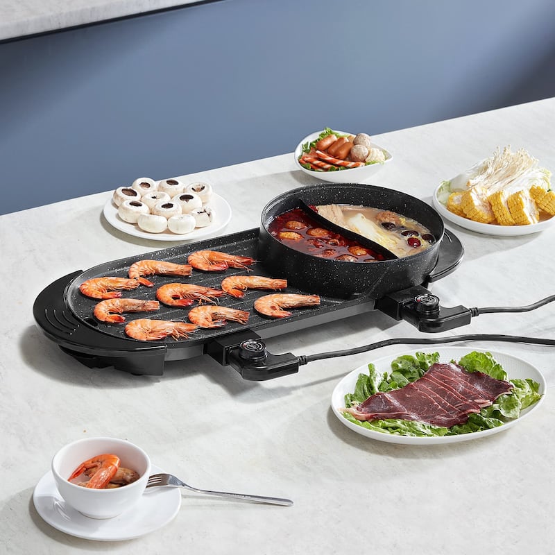 Black Hot Pot and Grill Combo Electric Cooker 2200W with Stepless Heat Control and Non-Stick Coating - 26.78 x 11.14 x 6.46 in