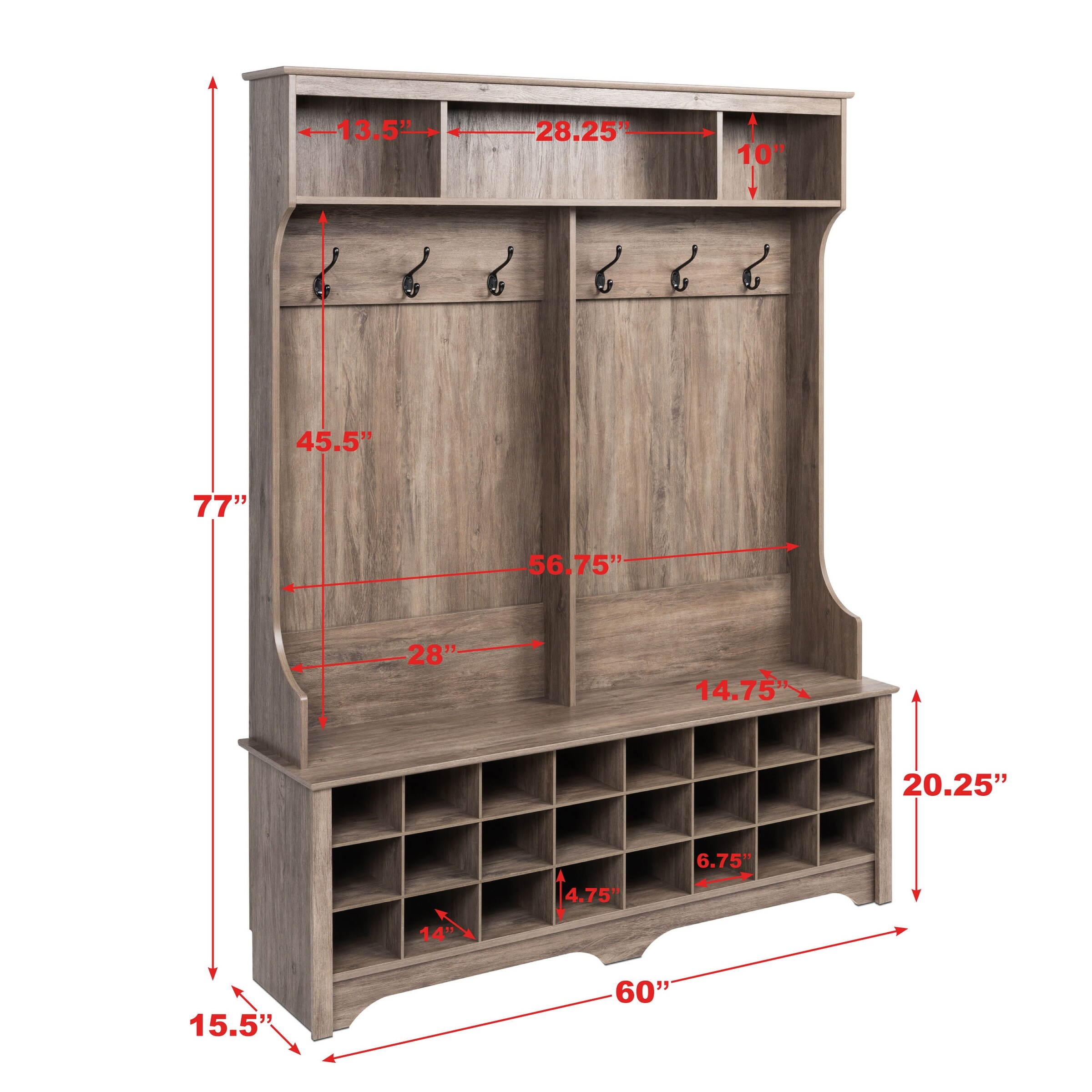 Prepac Hall Tree with Bench and Shoe Storage Mudroom Bench with