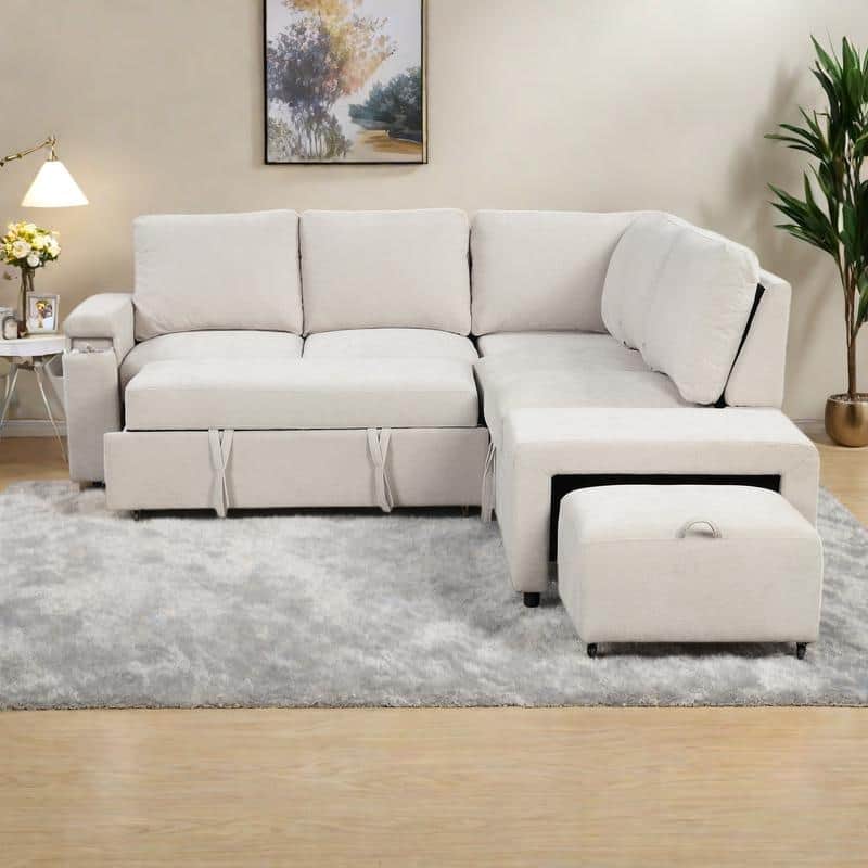 90.6"Polyester L-Shaped Modular 5-Seater Sofa with Storage Space, USB Ports, Cup Holders, and Removable Ottoman