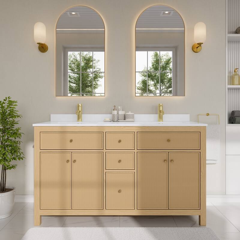 Wyndham Collection WCF9292-60D-QTZ-UNSMXX Pendry 60" Free Standing - Tanned Oak / White Quartz Top / Brushed Gold