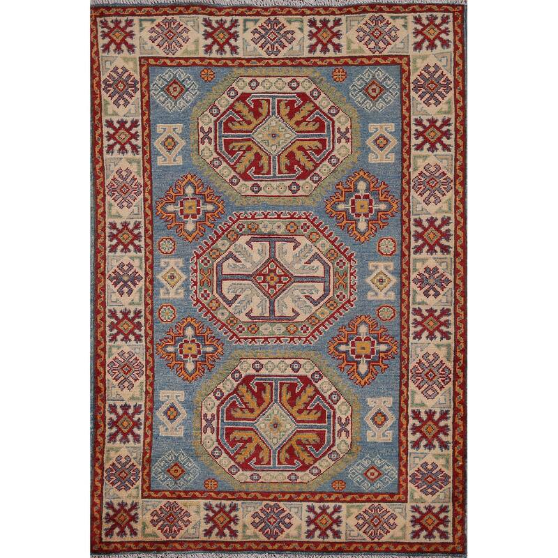 Blue Geometric Kazak Foyer Rug Hand-Knotted Wool Carpet - 3'5" x 4'11"