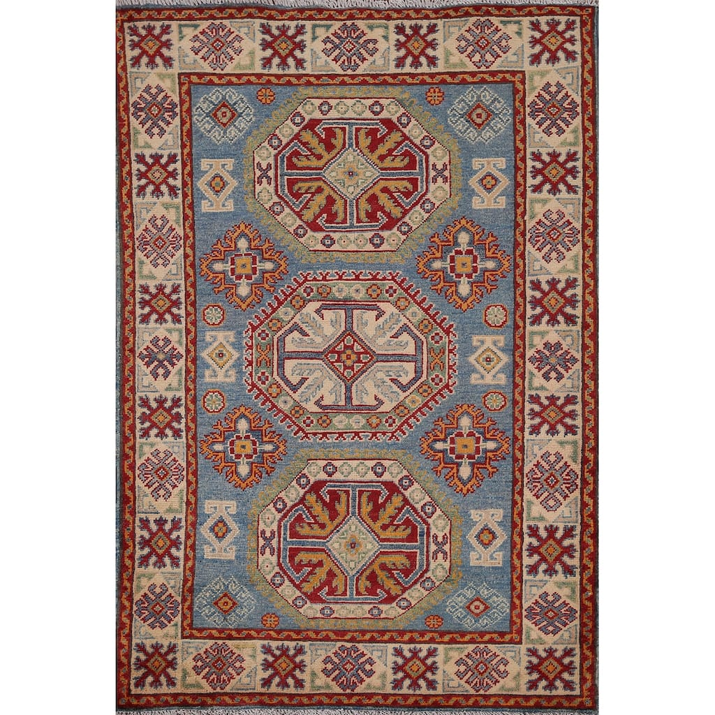 Blue Geometric Kazak Foyer Rug Hand-Knotted Wool Carpet - 3'5" x 4'11"