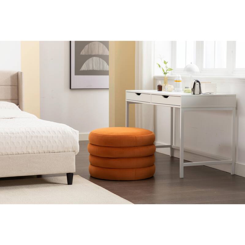 Velvet Storage Ottoman Footstool with Wooden Shelving - Orange