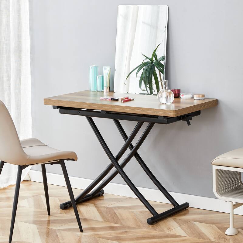 Modern Lift Table With 0.8-Inch Wood-Textured MDF Top & Black Metal Legs; Functions As Dressing, Coffee, Dining, Or Office Desk.