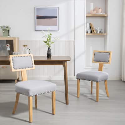 Fabric Upholstered Dining Chair, Nailhead Trim Accent Chairs, T-Shaped Back Guest Chair, Wood Lounge Chair, Set of 2