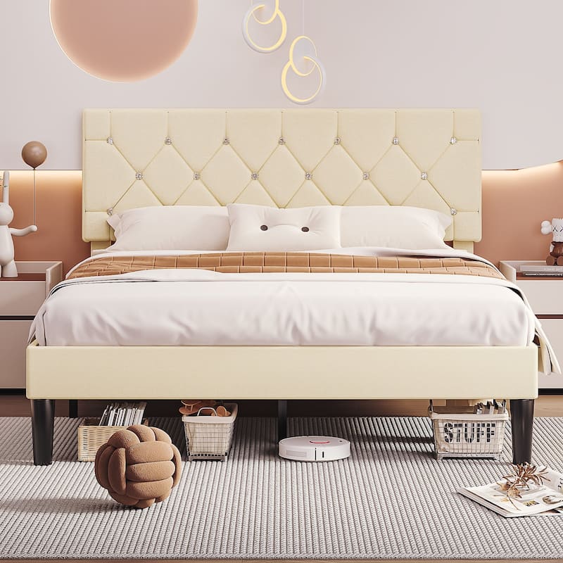 Javlergo Upholstered Beds With Diamond Tufted Headboard, Platform Bed Frame,