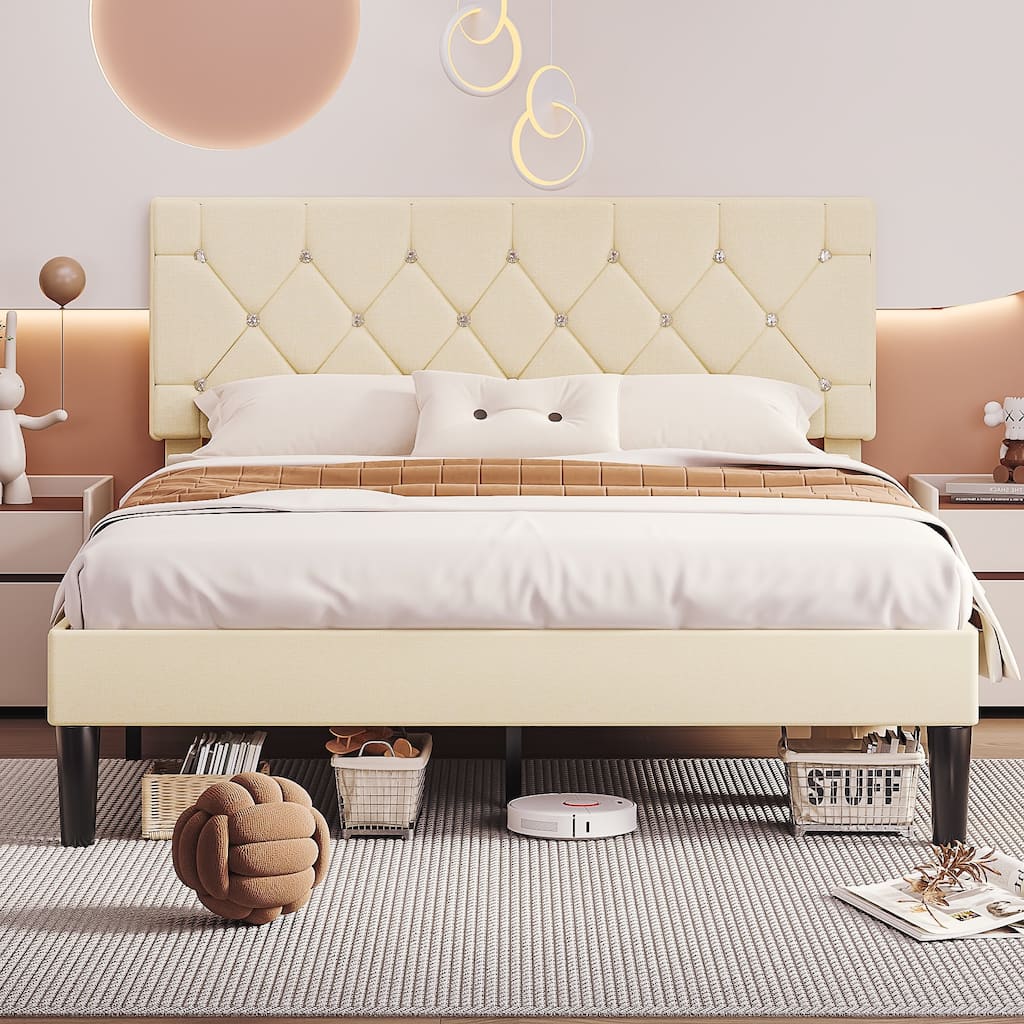 Javlergo Upholstered Beds With Diamond Tufted Headboard, Platform Bed Frame,