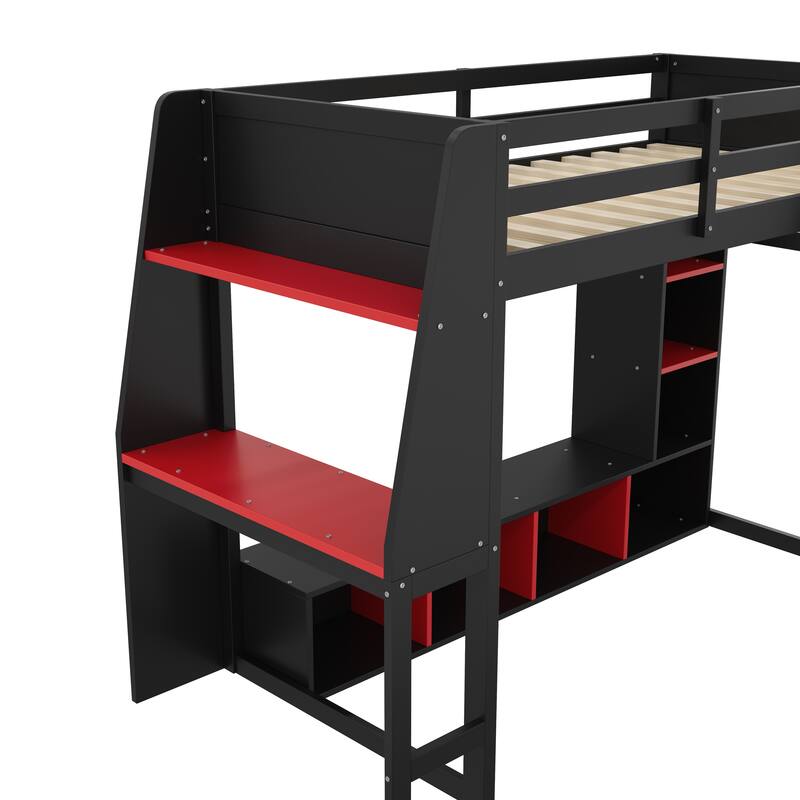 Roomfitters Twin/Full Gaming Loft Bed with Desk, Hanging Rack and LED Lights, Black and Red