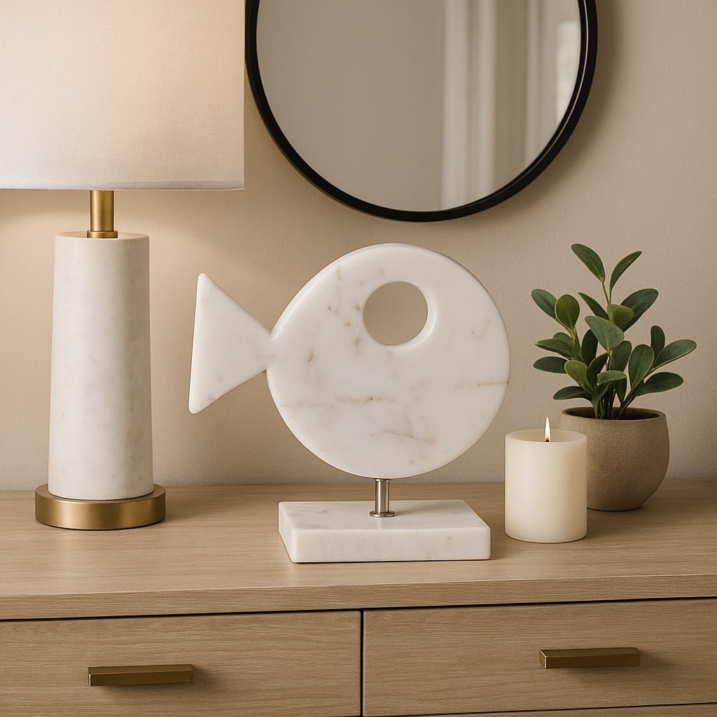 Stylish Marble Fish Figurine Sculpture - 10", White - 9.5"