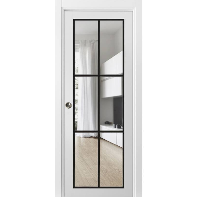 French Pocket Door 18x80 Lucia 2366 White Silk Kit Trims Rail - White - 24" x 84"