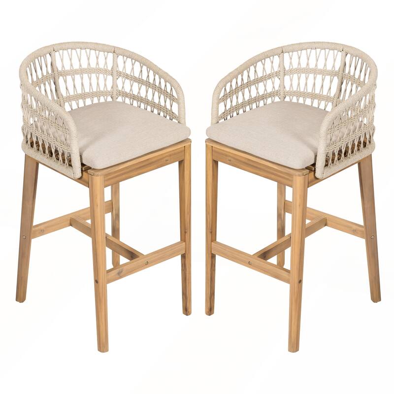 Outdoor Wood and Rope Barstool with Beige Cushion Set of 2