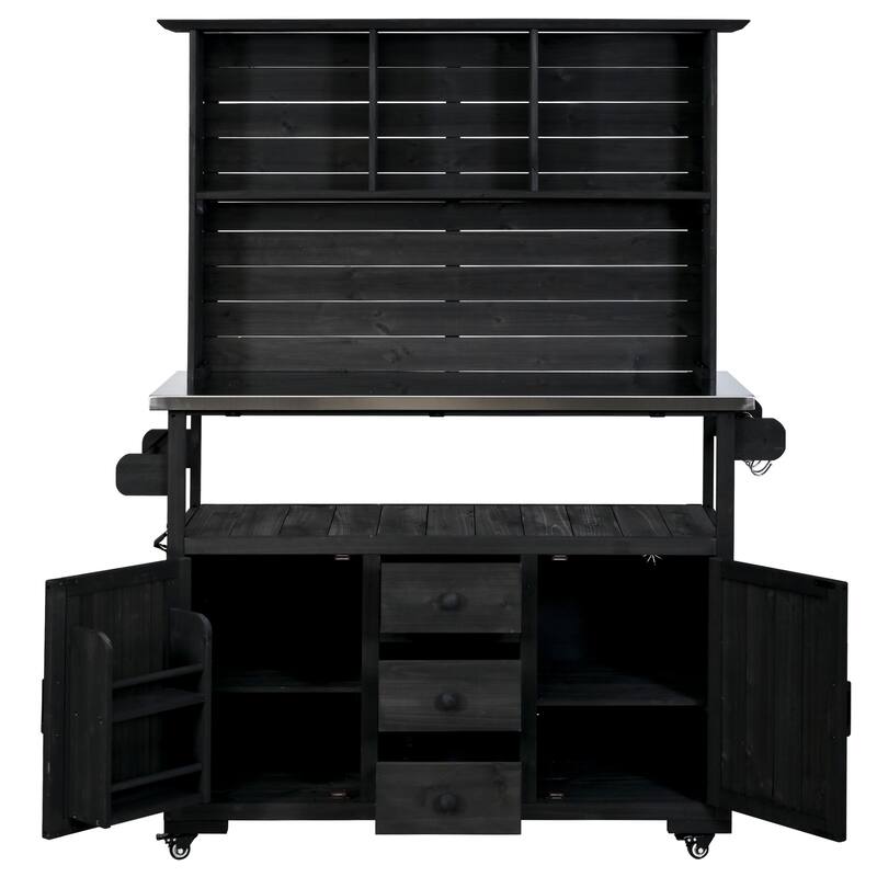 65" Outdoor Potting Bench with Stainless Steel Top, Rolling Garden Workstation with Hutch & Storage