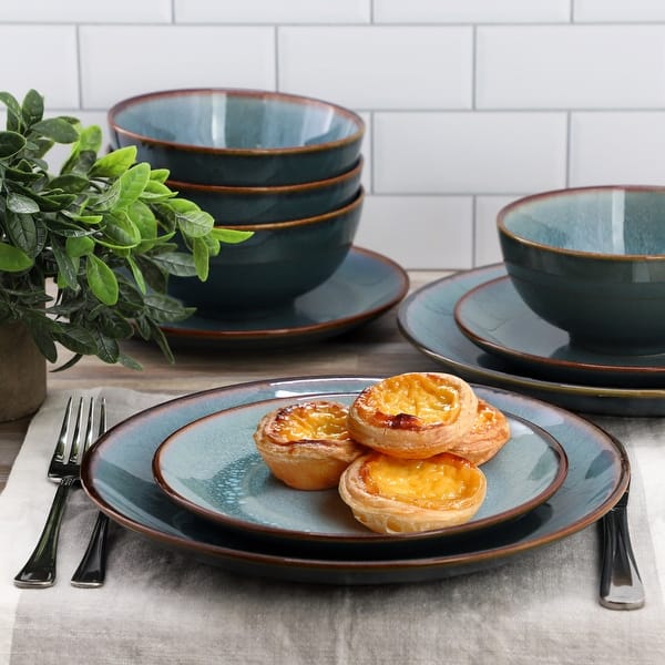 18 Piece Stoneware Dinnerware Set in Blue with Brown Rim, Service for 6 - On Sale - Bed Bath & Beyond