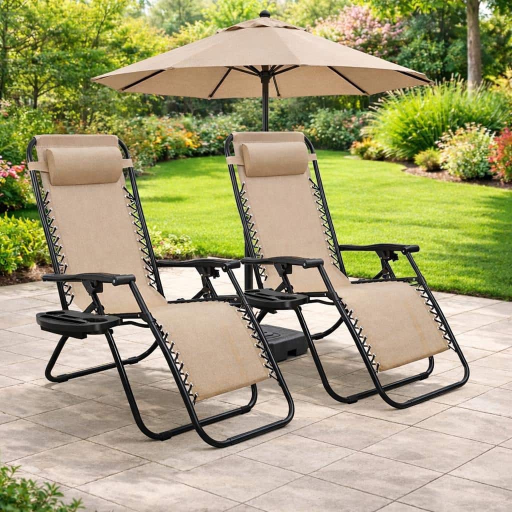 Barca Folding Zero Gravity Chairs Steel Sling Outdoor Lounge Chairs with Cup Holder with Set in Cream (2-Pack) - N/A