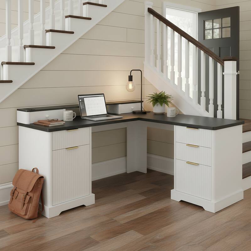 Roomfitters 59" Modern Fluted L-Shaped Desk with Charging Station, Monitor Stand & File Drawer