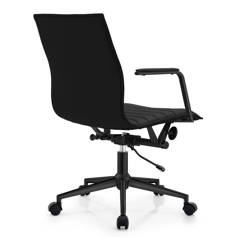 Modern Office Desk Chair | Upholstered PU Leather Ribbed Mid Back with Metal Frame | Adjustable Height, Tilt Lock - N/A