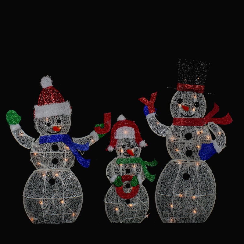 Set 3 Lighted Glittering Mesh Snowmen JOY Outdoor Christmas Decoration - 29